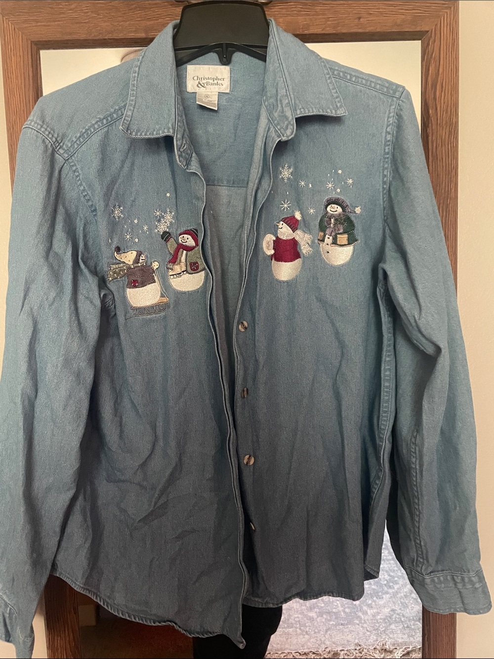 Christopher & Banks Light Blue Denim Jacket with Snowman Embroidery